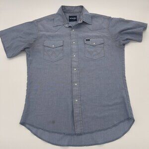 Vtg Wrangler Denim Western Pearl Snap Shirt Men Sz L Thrashed Distressed